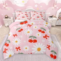 Castle Fairy Boys Girls Floral Daisy Bedding Comforter Set 2pcs,Kawaii Red Cherry Twin Comforter Sets Microfiber,Cartoon Ribbon Bow Knot Breathable Bedding Set,Microfiber Bedroom Decor,Reversible
