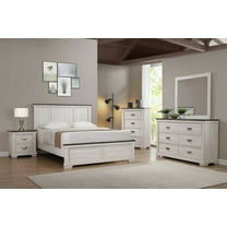 Antique White Brown Finish 6pc Panel Queen Size Bed Dresser Mirror 2x Nightstand Chest Furniture Set