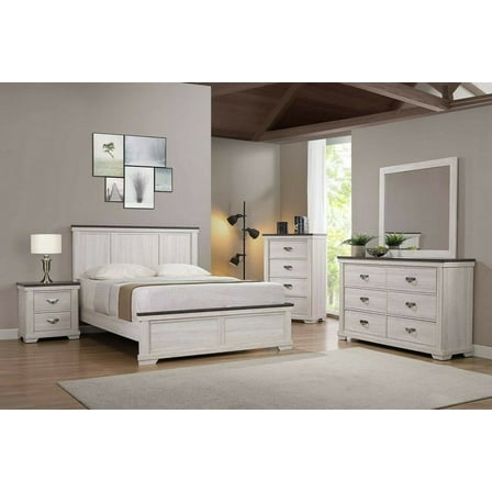 Antique White Brown Finish 6pc Panel Queen Size Bed Dresser Mirror 2x Nightstand Chest Furniture Set