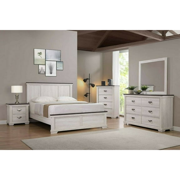 Antique White Brown Finish 6pc Panel Queen Size Bed Dresser Mirror 2x Nightstand Chest Furniture Set