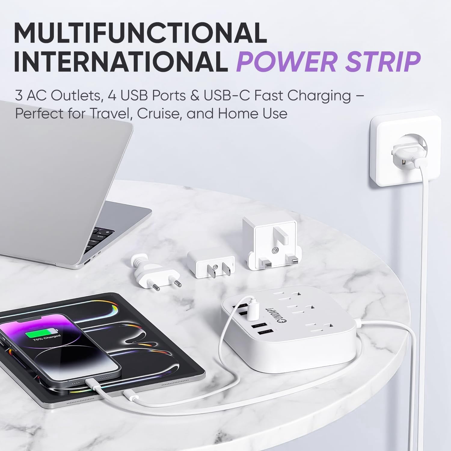 European , US to UK Europe Power Strip for EU/UK/US with USB C and 4 USB Ports, 3 AC Outlets, Wall Mountable, 5ft Extension Cord, for Travel Cruise Ship Home
