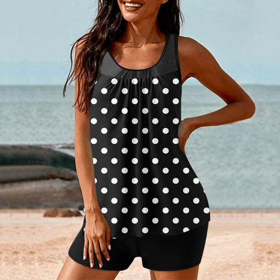POTETI Womens Swimsuit Modest Tankini Polka Dots Pleated Beach Summer Ladies Bathing Suits
