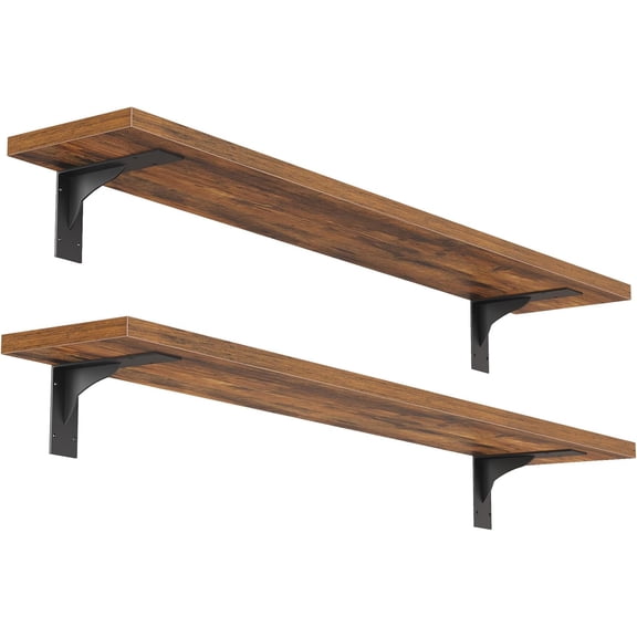 Floating Shelves for Wall, 31.5" Wall Mounted Shelves Set of 2, Hanging Storage Shelf with Metal Brackets, Wooden Shelf for Living Room, Bedroom, Bathroom, Rustic Brown and Black