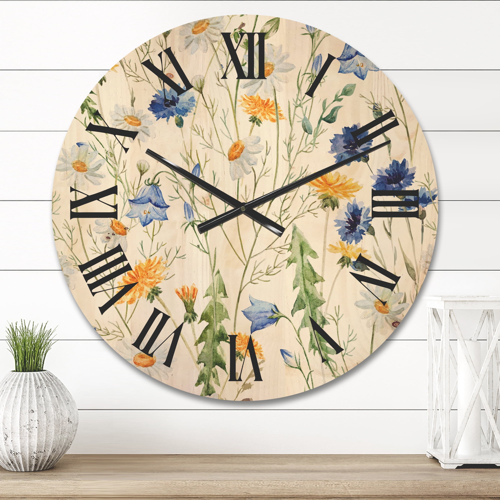 Designart 'Wildflowers Clover Bell and Chamomile II' Traditional Wood Wall Clock