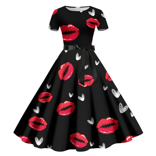 TSADFHJI Jupes Longues pour Femmes Noires, Jupe Rétro Décontractée à Manches Courtes et Col Rond Imprimé Floral m Noir