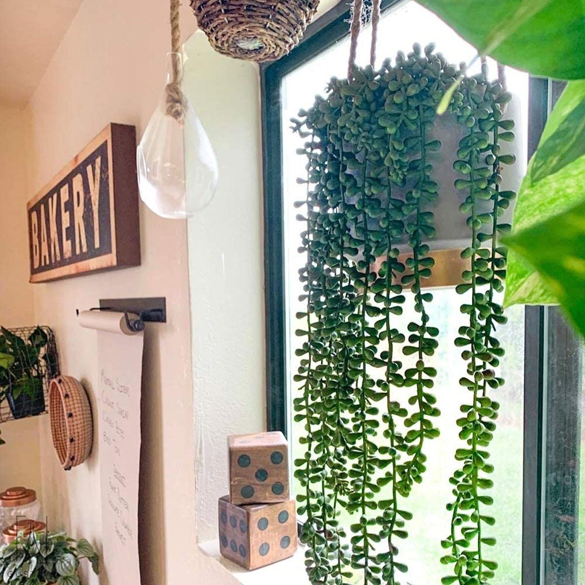 Gustave 4Pcs Artificial Hanging Plants, Fake Succulent String of Pearls Fake Hanging Vine for Wedding Party Home Kitchen Garden Wall Decoration Outdoor Indoor Ornaments "L"