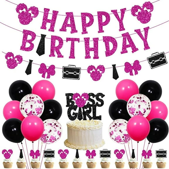 Boss Birthday Decorations for Girls, Bossy Girl Birthday Decor Black and Hot Pink Boss Girls Banner Cake Topper Cupcake Toppers Balloons Set for Girls Baby Shower 1st 2nd 3rd Bday Party Supplies