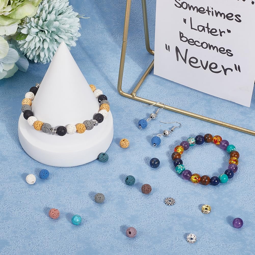 1 Box 270Pcs Gemstone Beads Kit 7 Beads Essential Oils Lava Beads Lazuli Tiger Eye Amethyst Lava Rock Bead Round Stone Beads for Jewelry Making DIY Earrings Bracelet Necklace