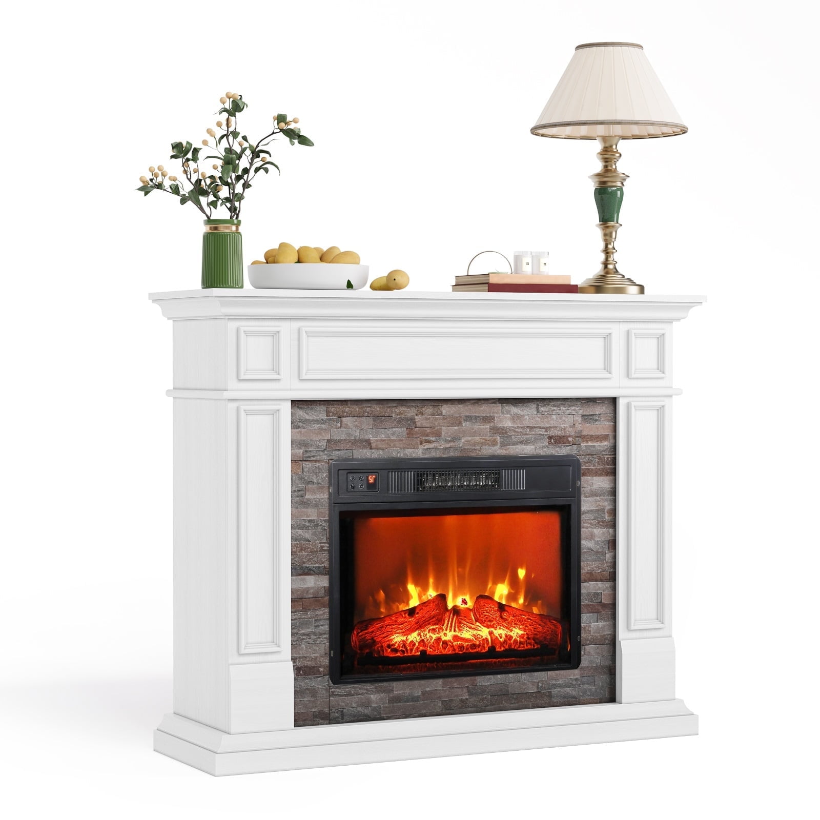 HolliWill Electric Fireplace with Mantel, Fireplace Heater with Stacked Stone Surround Firebox, Infrared Quartz Heater with Adjustable Led Flame, White