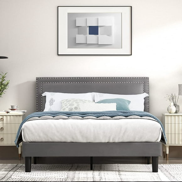 VECELO Twin/Full/Queen Bed Frame with Adjustable Height Upholstered Headboard, Strong Wood Slat Support, No Box Spring Needed, Dark Gray