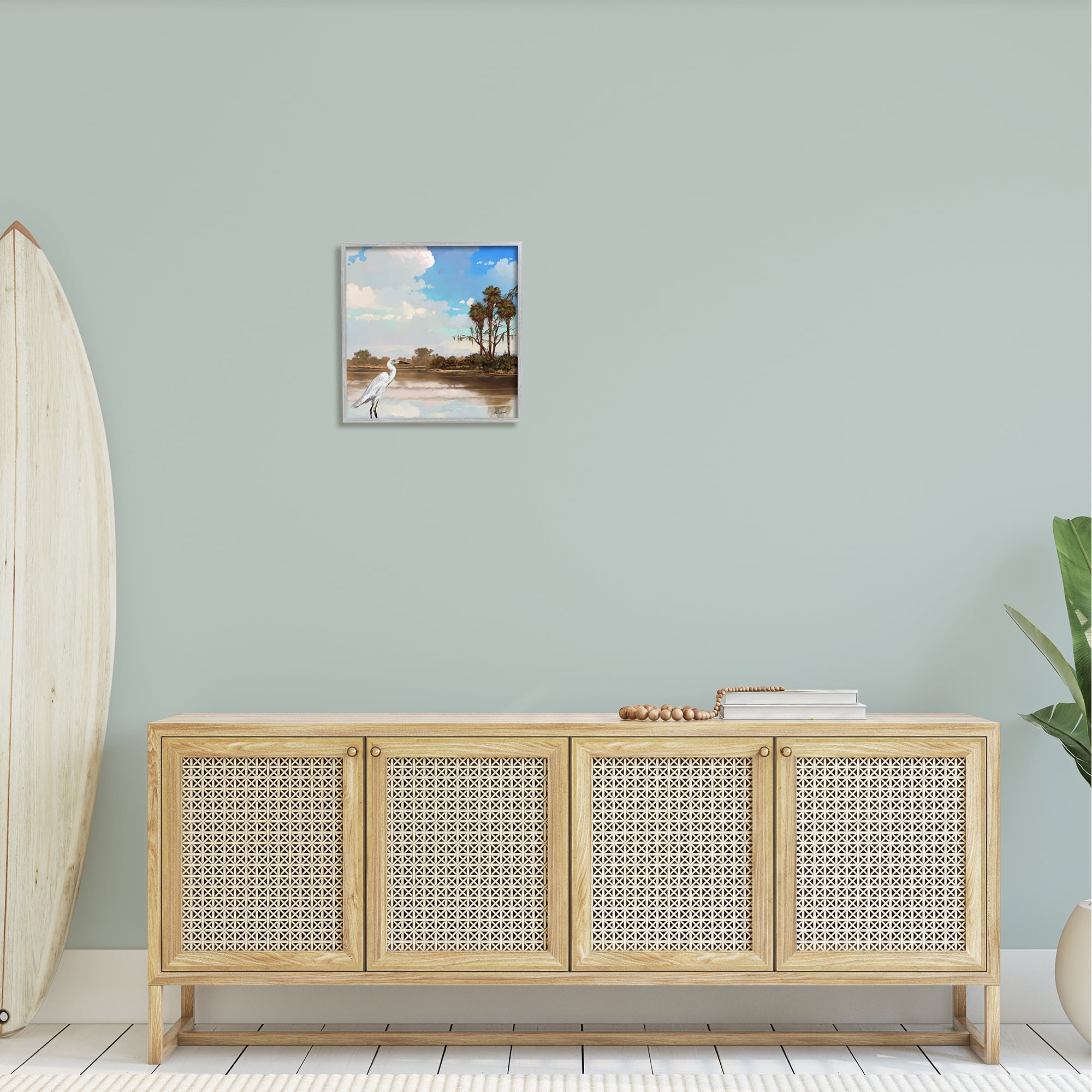 Stupell Egret Tropical Beach Scenery Landscape Painting Gray Framed Art Print Wall Art