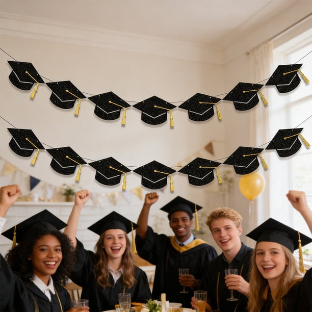 Banderines de Birrete con Purpurina para Decoración de Fiestas de Graduación, Negro, Reutilizables, Banderines Ajustables, Material de Papel