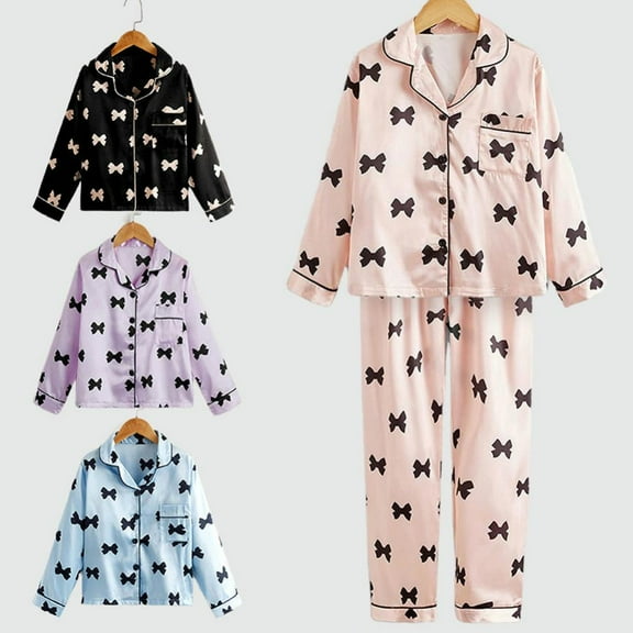 Godderr Kids Toddler 2Pcs Printed Satin Silk Pajamas Set Long Sleeved Fall V-Neck Sleepwear Set for Kids Boys Girls 5Y-13Y