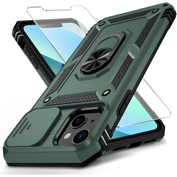 wonima11 for iPhone 13 Mini Case with Camera Lens Cover, HD Screen Protector, 10 FT Military Grade Drop Protection, Magnetic Ring Holder Kickstand Protective Phone Case for iPhone 13 Mini (Pine Green)