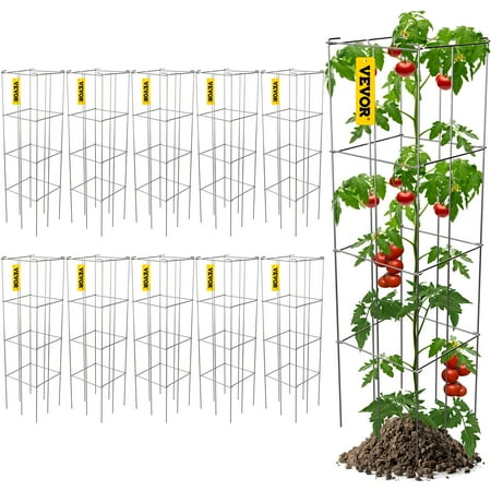 VEVOR 10 pack Square Folding Tomato Cages 46" Plant Support Stake Tower, PVC-coated Steel Tomato Towers for Tomato Plants, Eggplants, Cucumber, Climbing Plants, Silver