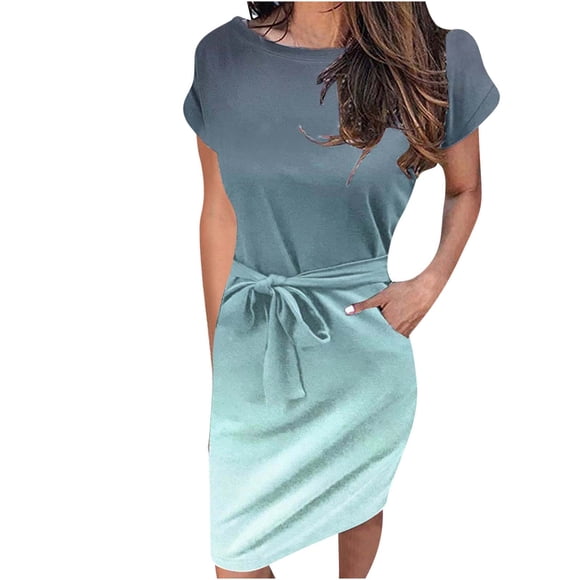 Dresses Women's Gradient Waist Retraction Round Neck Short Sleeve Dress Petite Dresses on Clearance