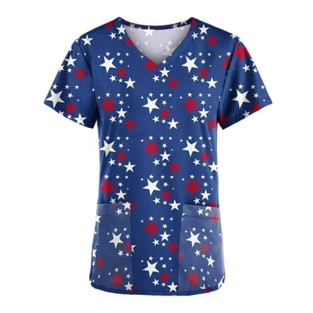 

Samickarr Independence Day Scrub Shirts For Womens Plus Size Nursing Uniform With Pocket V-Neck Short Sleeve Printed Work Utility Safety Tops Nursing Worker Protective Working Uniform Scrub Tops