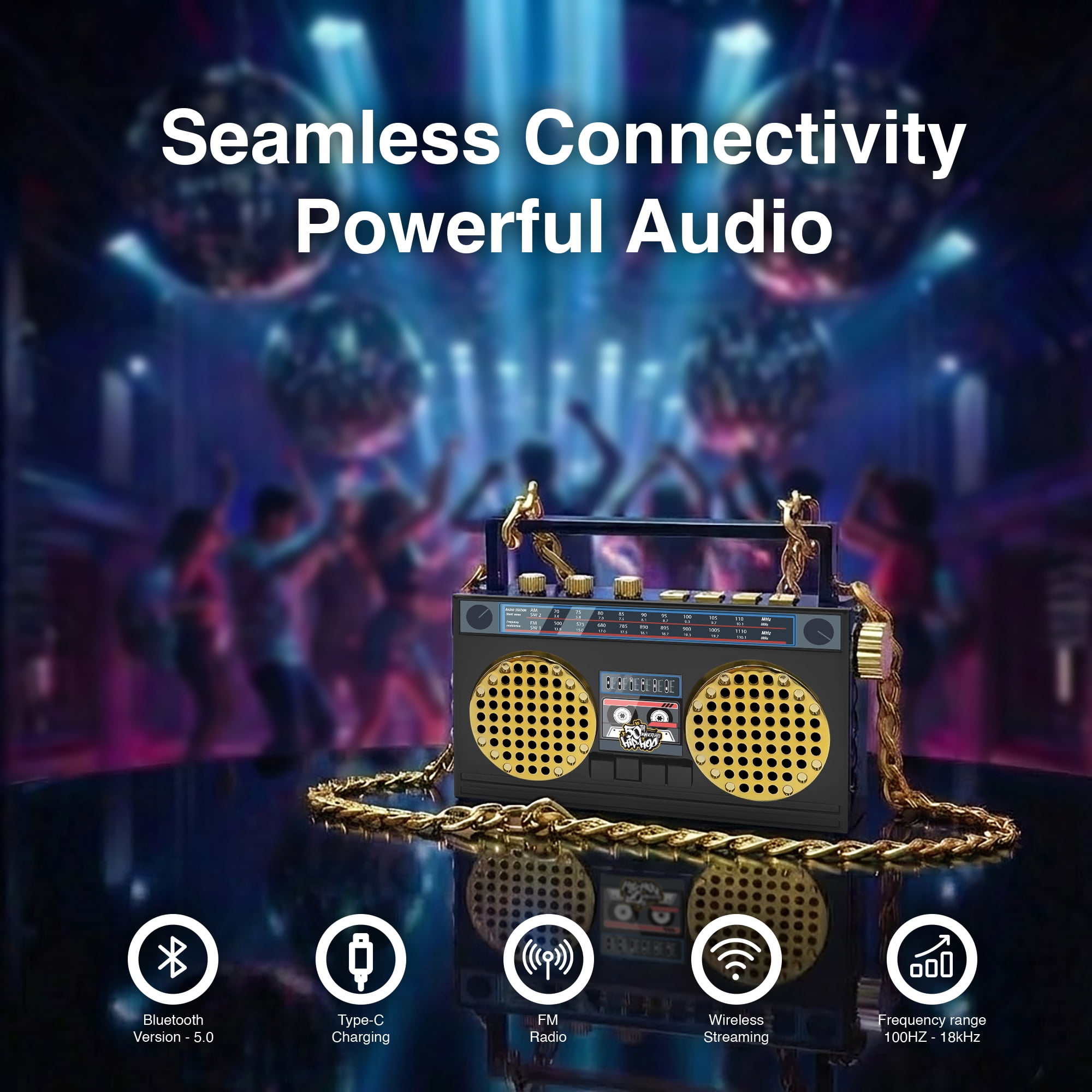 Portable Mini Bluetooth Wireless Speaker Retro Wearable Boombox with 27 Inch Necklace, FM Radio, On Board Buttons, with Dual 6W Peek Power Micro Speakers, and Long Lasting Battery