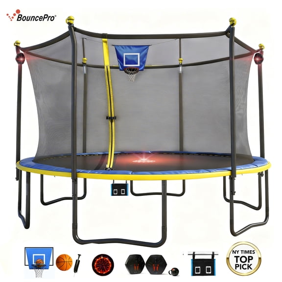 Sportspower BouncePro 12ft Multiplay Trampoline Meets ASTM Safety Standards, Heavy-Duty Rust-Resistant Painted Steel Frame, Safety Net, Basketball, Electronic Target Game & Flashing Lights