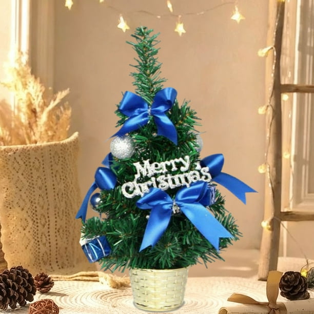 Adorno navideño retráctil mini de 30 cm | Decoración navideña de escritorio | Árbol de mesa de plástico ensamblado a mano con lazos y adornos navideños | Dorado, rojo, azul y verde