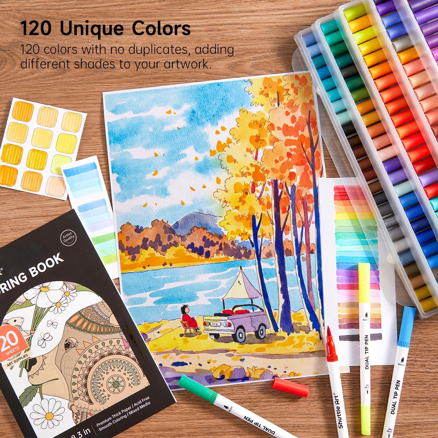 Shuttle Art 120-Color Dual Tip Brush Markers with Coloring Book photo 5