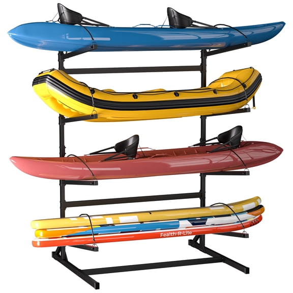 Heavy Duty Freestanding 4-Tier Kayak Storage Rack, 400 lb Capacity Adjustable Rack for 4 Kayaks Canoes Paddle Boards & Surfboards, Garage Indoor Outdoor Use, with Bungee Cords & Stable Tria