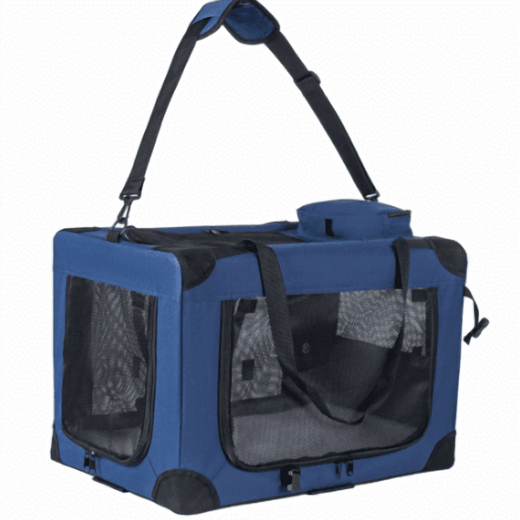 28" Collapsible Rolling Dog Crate 3-Door Mesh Windows Portable Dark Blue