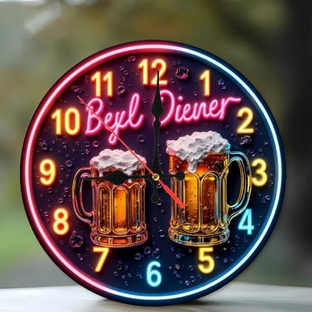 Neon Beer Clock Wall Art Decor Home Bar Pub Gift 10-Inch Silent Wooden Wall Clock, Battery Operated (AA Batteries Not Included), Artistic Home Decor