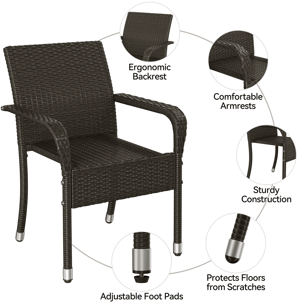 Renwick Outdoor PE Rattan Chair with Armrests and Adjustable Footpads, Set of 2, Brown