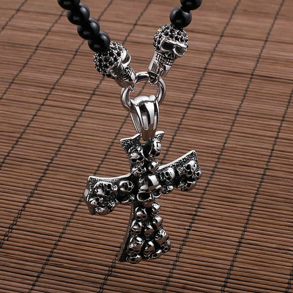African Glass Beads 50cm Chain Necklaces Men Punk Cross Skull 14K White Gold Pendant Choker Men Gothic Skeleton Jewelry