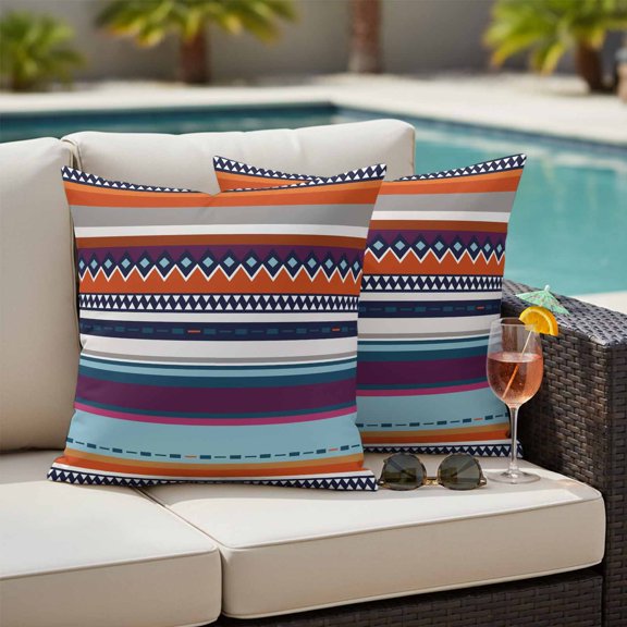 Orange Purple Blue Strip Outdoor Waterproof Throw Pillow Covers Set of 2, 20"x20", Boho Paisley Geometric Abstract Decorative Pillow Covers Outside Cushion Case for Patio Porch Garden