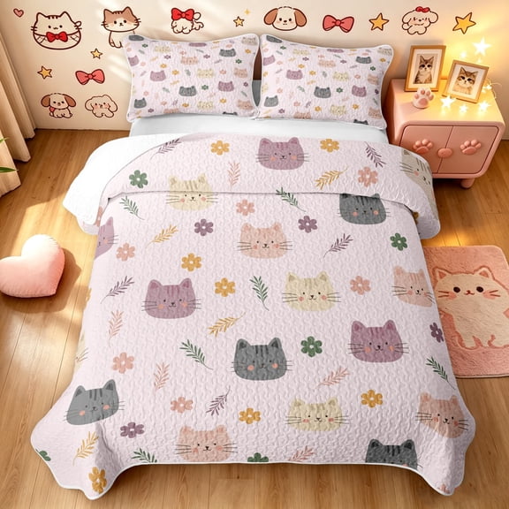 Manfei Kawaii Kitten Twin Quilt Set, Boho Flower Floral Twin Coverlet Set, Pink, 2pcs, 1 Bedspread and 1 Pillowcase