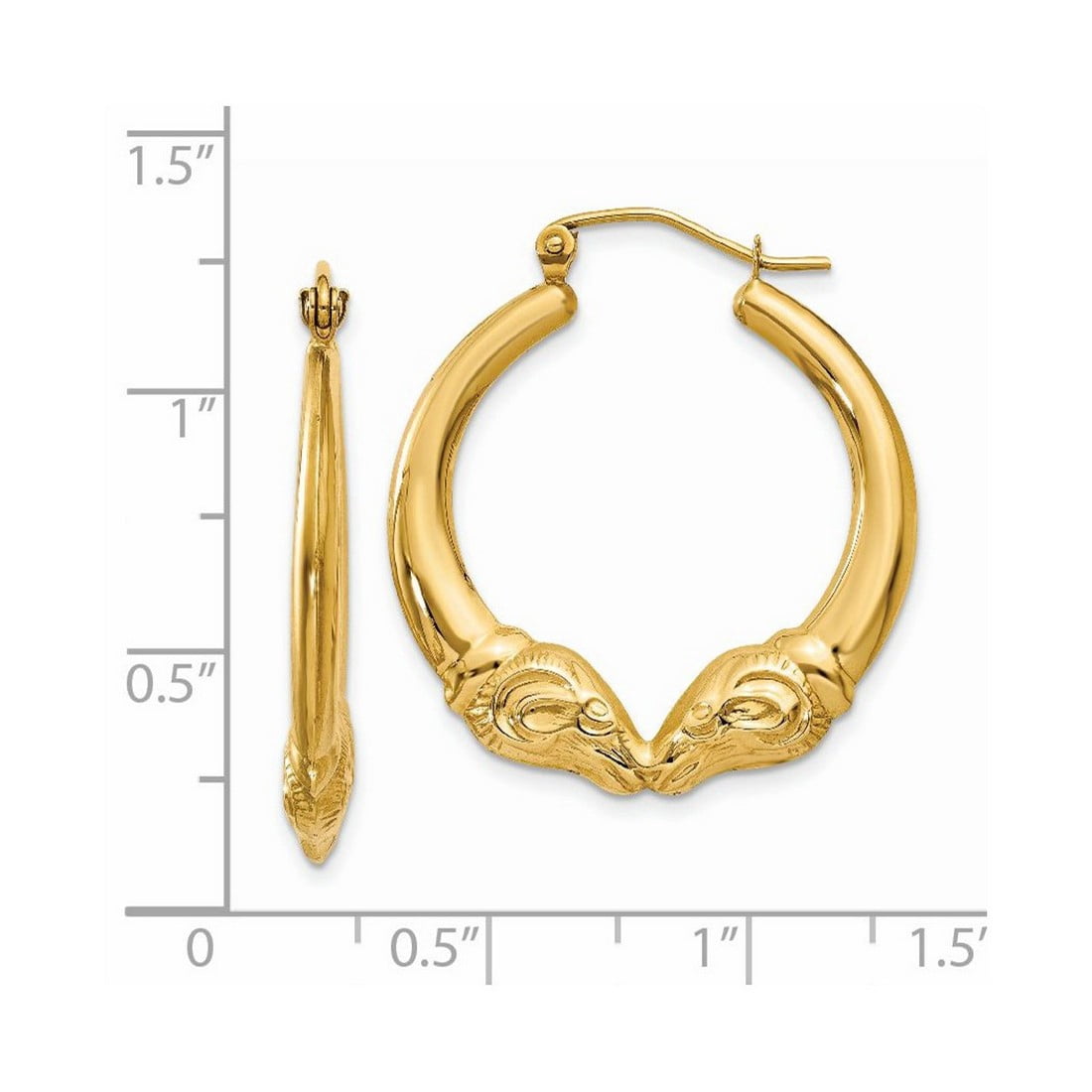 14k Yellow Gold Hollow Hinged post Polished Ram Hoop Earrings 26x3mm Wide Hoop Earring for Women
