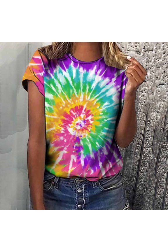 ICHUANYI Women's Crewneck Short Sleeves Tie-dye Printed Pattern Casual Tops Blouse Print Shirt