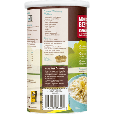 Mom's Best Quick Whole Grain Oats, Quick Rolled Oats, Hearty 16 oz Tube