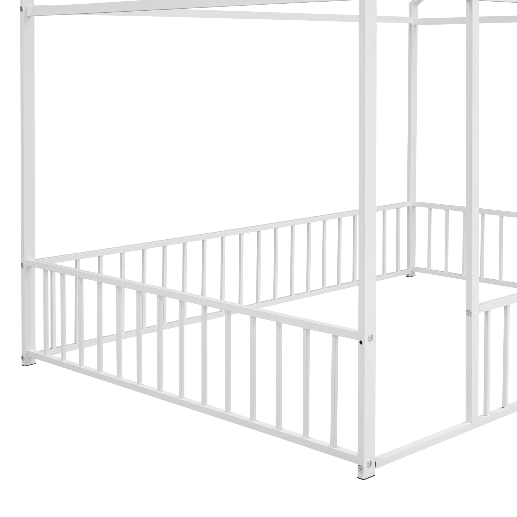 Full Size Montessori Floor Bed, Metal House Bed Frame for Kids, Kids Floor Beds with Fence Guardrails, Playhouse Bed for Kids Boys Girls