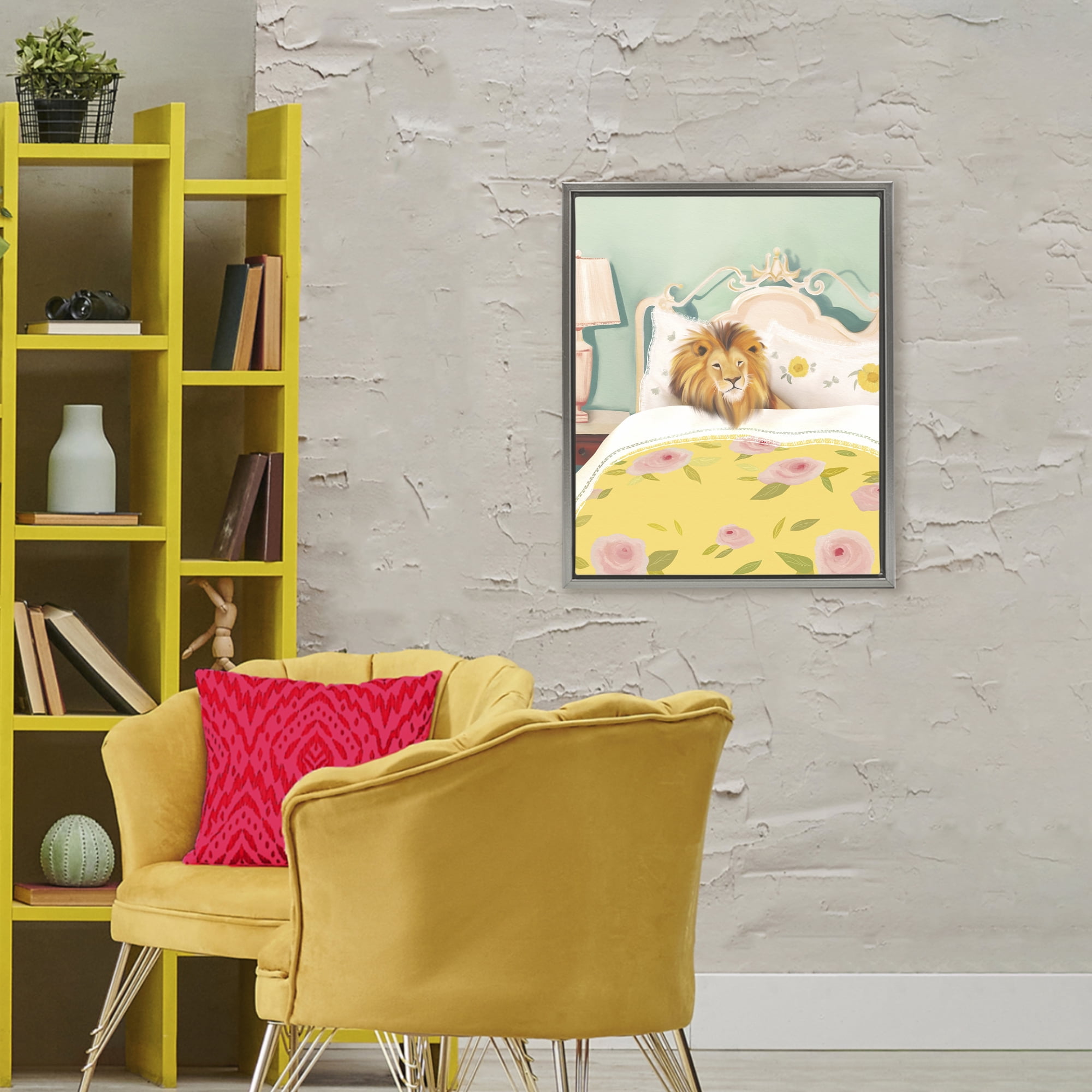 Good Morning Lion in Bed Gray Framed Floater Canvas Wall Art, design by Leah Straatsma