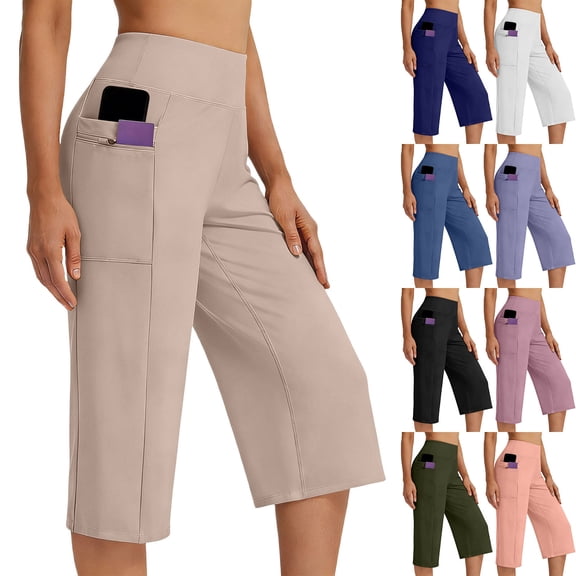 Miluxas Women's Stretchy High Waisted Capri Leggings Quick Dry Athletic Cropped Pants with Pockets for Running Biking White