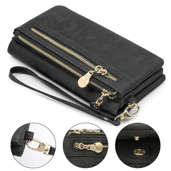 Leather Clutch Wallet for Women, Large Capacity Bifold Credit Card Holder, Ladies Stylish Zipper Purse with Wristband