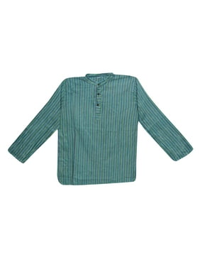 Mogul Ethnic Indian Cotton Stripes Kurta Shirt Button Front Traditional Short Tunic