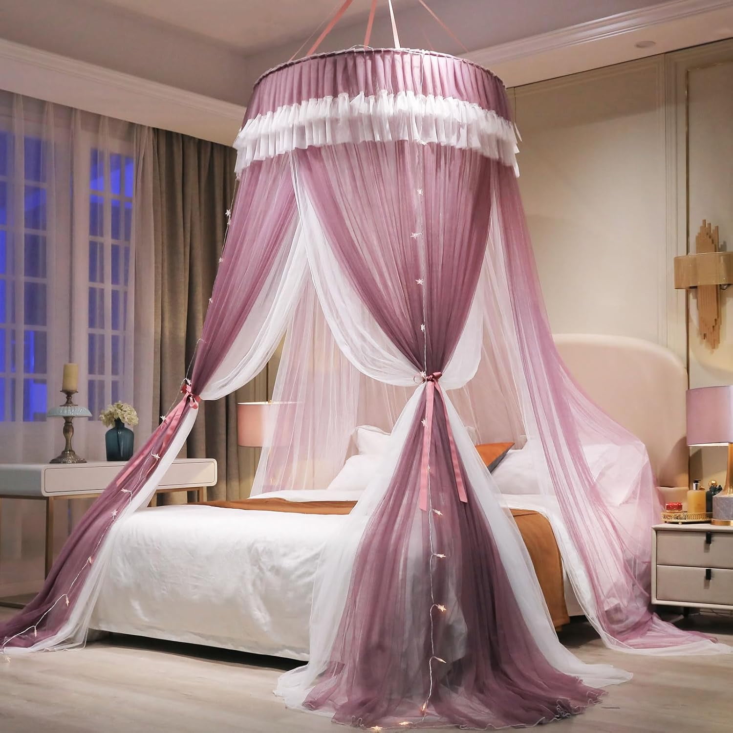 Girls and Adults Canopy Bed, Elegant Double-Layer Bed Curtain, Children's Dream Round Lace Mosquito Net, Princess Canopy Net - Fits Twin, Full, Queen, and King Beds (White/Blue)