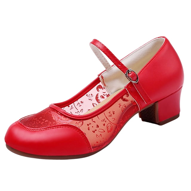 Leodye Chaussures de Danse Latine pour Femmes Talons Bas Chaussures de Danse de Salon Ballerines Plates Mary Jane Rouges 6.5(38)