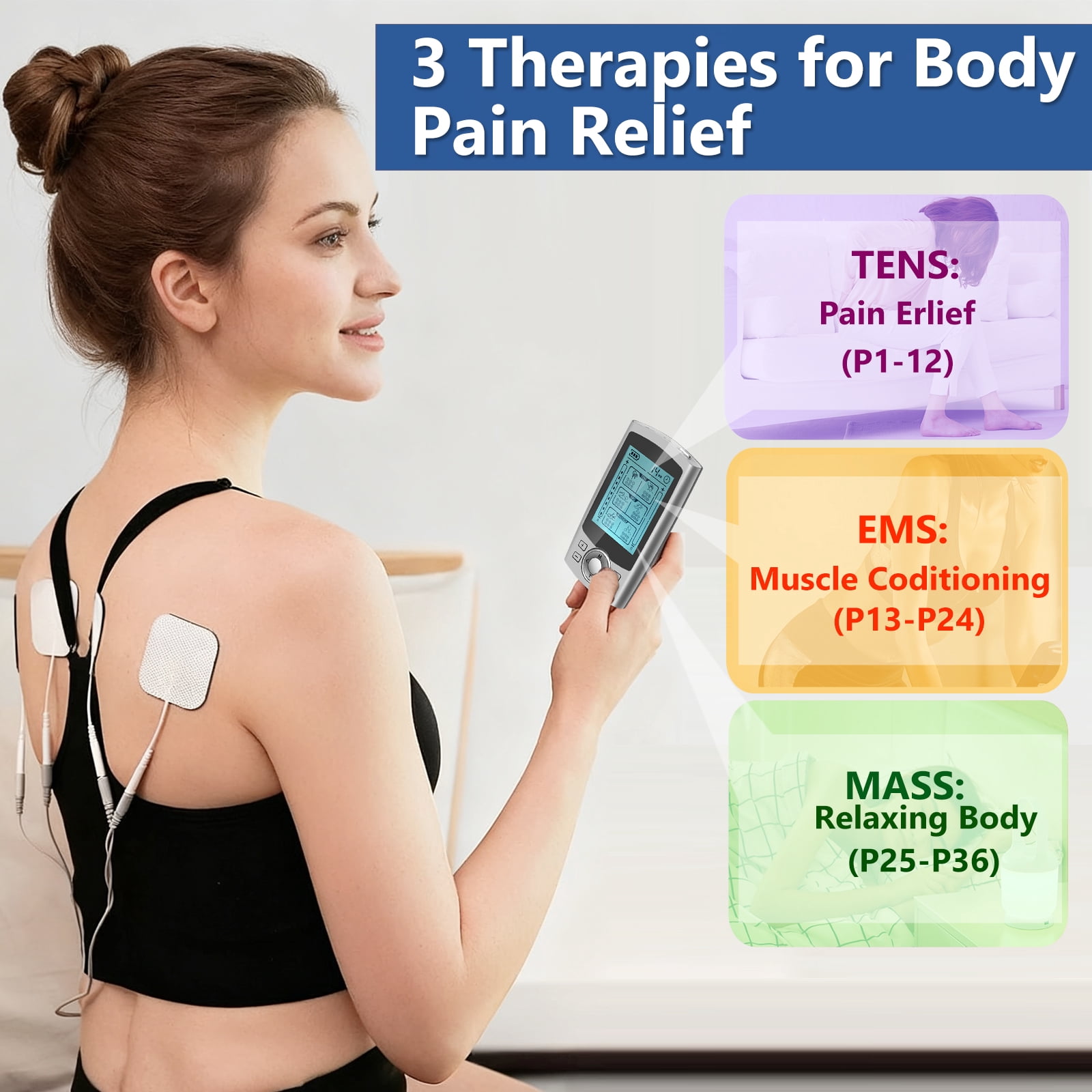 Kisportee TENS Unit Muscle Stimulator, EMS Dual Channel with 10 Reusable Electrode Pads 36 Modes for Back Neck Pain Muscle Therapy Pain Management Rechargeable Pulse Massager