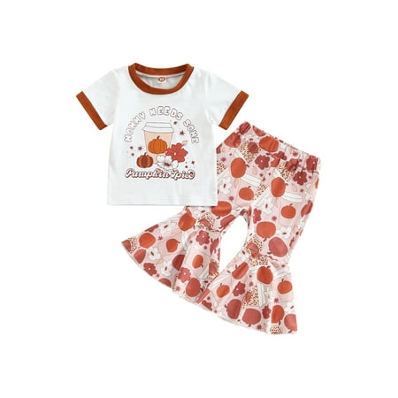 

Bagilaanoe 2pcs Toddler Baby Girl Casual Halloween Outfits Short Sleeve Pumpkin Print T-Shirts Tops + Flared Trousers 6M 12M 18M 24M 3T 4T Kids Long Pants Set