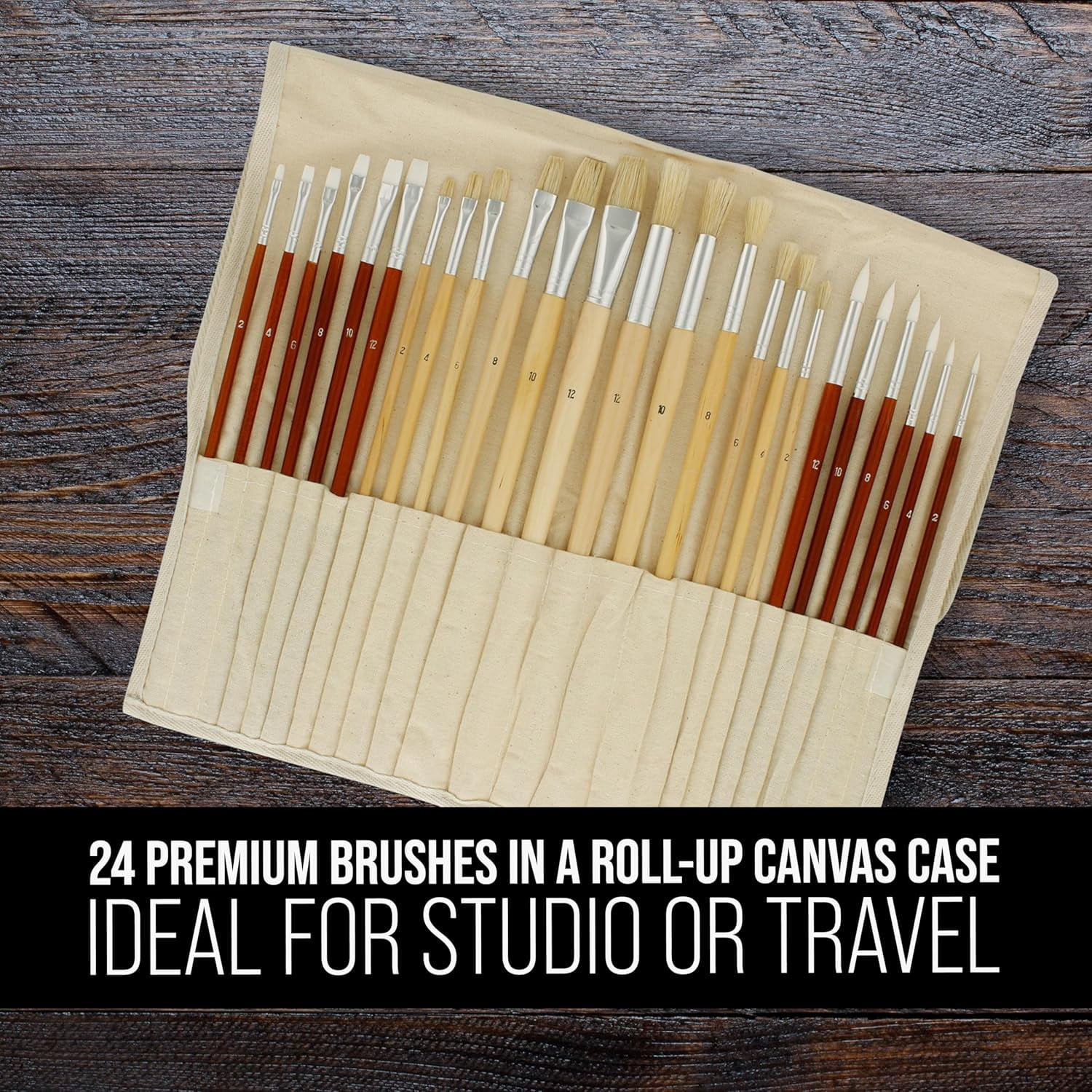 JJEAN-24-Piece Oil & Acrylic Artist Paint Brush Set with Long Handles, Canvas Brush Organizer Holder Roll-Up - Round, Flat Tips, Use for Painting Portraits, Canvas, Paper - Students, Adults