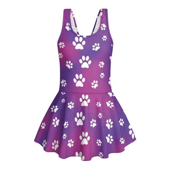 Renewold Girl Swimsuit with Shorts Sleeveless Bathing Suit Swim Dress for 3-4 Years Old Girl Bathing Suit 1 Piece with Skirt Comfy Cute Swimwear Size 3-4, Violet Paw Print