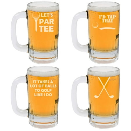 

12oz Beer Mug Stein Glass Set of 4 Gift Golf Collection Funny For Golfer
