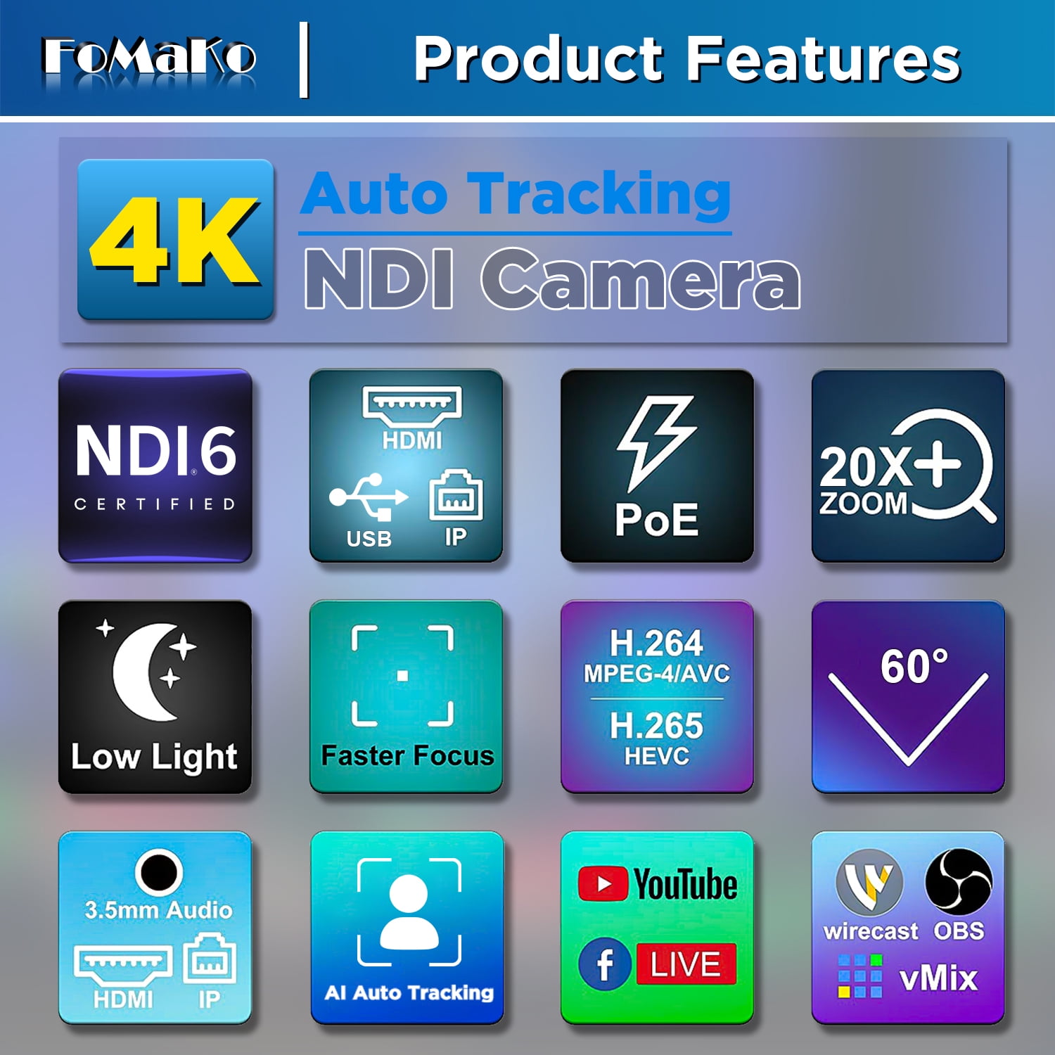 FoMaKo NDI 4K PTZ Camera HDMI AI Auto-Tracking 4K NDI PTZ Camera 4K 20X Optical Zoom, USB3.0 LAN HDMI PTZ Camera 4K for Church Worship Education Conference Events, K20UH NDI 4K PTZ Camera