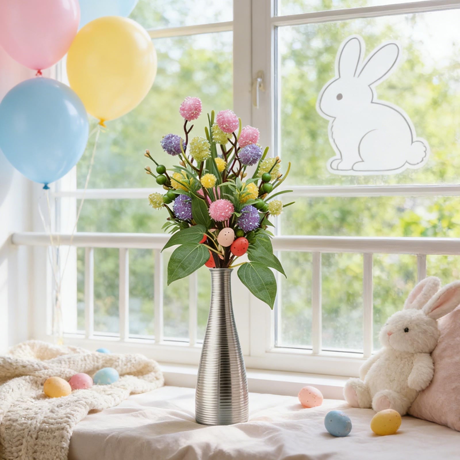 13 Inch Easter Egg Branch with Glitter Eggs & Fluff Balls, Artificial Spring Centerpiece Decor for Vase, Table, Home