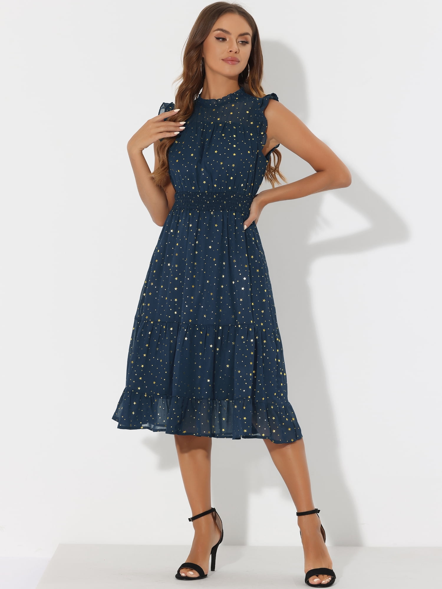 DARING DIVA Smocked Waist Gilding Metallic Stars Chiffon Dress XS Dark Blue